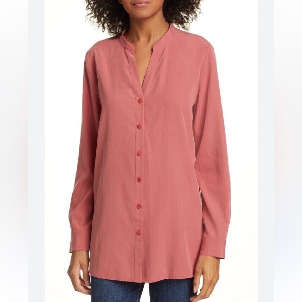 Eileen Fisher sandwashed Pink Button Down Shirt stand up collar chutney - Picture 12 of 12